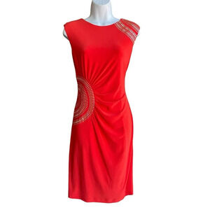 JOSEPH RIBKOFF Bodice Sheath Dress Size 8 Orange Gold Studs Ruching Sleeveless